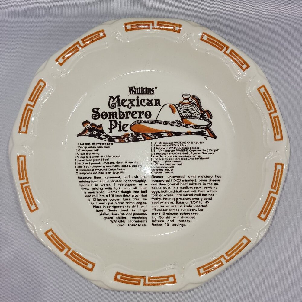 Watkins Mexican Sombrero Mexico Pie 11" Vintage 1983 Ceramic Recipe Baking Dish